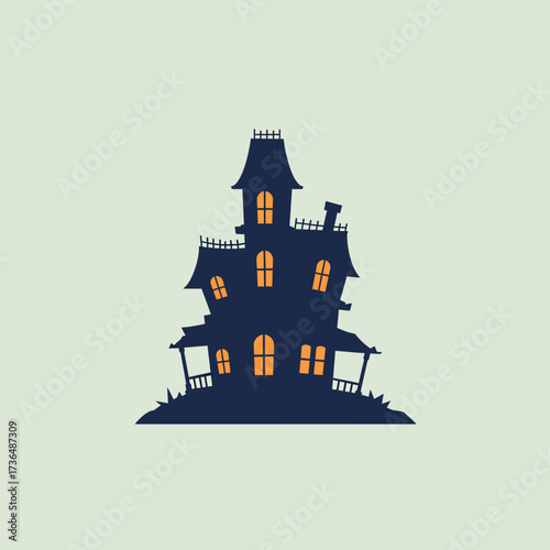 Spooky haunted house silhouette illustration with glowing orange windows for Halloween celebration and creepy atmosphere