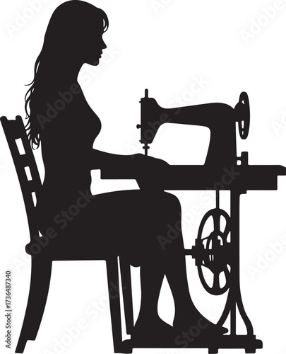 Silhouette woman sewing on vintage treadle sewing machine