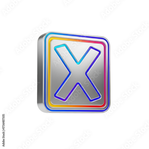 3d rendering of a metallic square button with a large letter x inside, isolated on transparent background