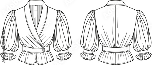 Women’s blouse fashion illustration, wrap style design, puff sleeve blouse, ruffled cuffs, deep V neckline, garment sketch, apparel construction, clothing pattern