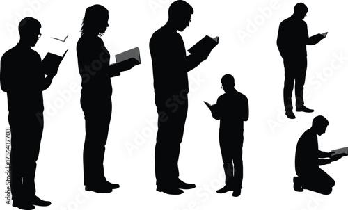 PrintSilhouette people reading books, student study, education concept, knowledge learning, academic research, literature hobby, male female readers, focused study lifestyle inspirationSilhouette 