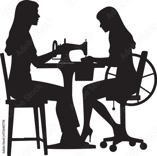 Two women silhouettes sewing at a table with a sewing machine