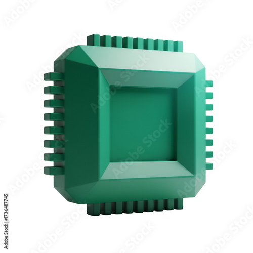 Green 3d render of a computer microchip processor with many pins, isolated on transparent background