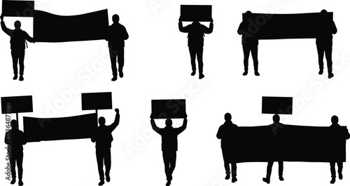 PrintSilhouette protest people with banners, activists holding signs, social justice rally, political demonstration, freedom march, strike action, human rights protest crowd