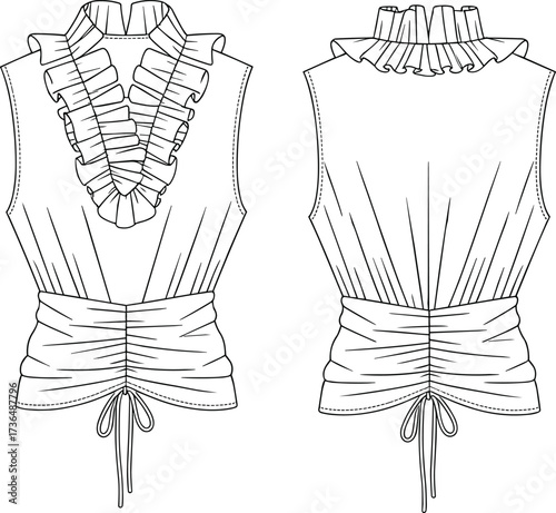Women’s sleeveless blouse illustration, deep V neckline, ruffled trim design, drawstring waist, ruched detail, fashion sketch, garment construction, apparel pattern