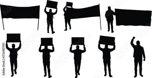 PrintSilhouette protest people with blank banners, activists holding signs, social justice rally, human rights march, political demonstration, freedom movement, strike action