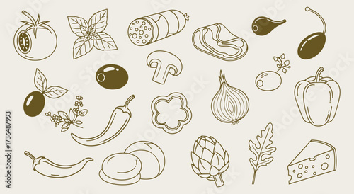 Pizza. Ingredients. Italian Food. A hand drawn vector doodle set of classic pizza and pasta toppings for a pizzeria menu, a recipe book, a food blog, or a restaurant's branding design.