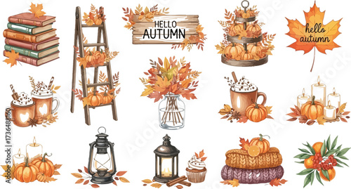 Watercolor autumn elements featuring pumpkins leaves candles and cozy decorations