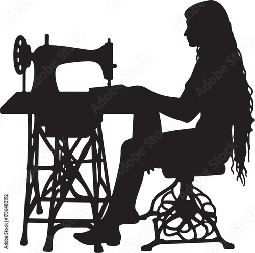 Woman sewing on vintage sewing machine silhouette vector