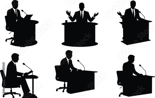 PrintSilhouettes of business people at podium, professional conference, office meeting, leadership communication, teamwork discussion, public speaking, authority presentation