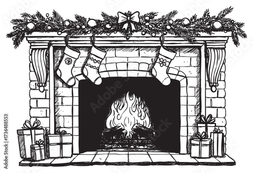 Festive fireplace adorned with stockings and gifts embracing holiday spirit – retro hand drawn illustration