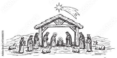 Nativity scene with mary, joseph, baby jesus, wise men, angels, and animals in a manger setting – retro hand drawn illustration