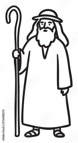 Cartoon shepherd with staff in traditional robes – retro hand drawn illustration