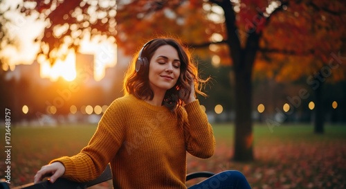 Woman wearing headphones listening to music on a park bench at sunset
