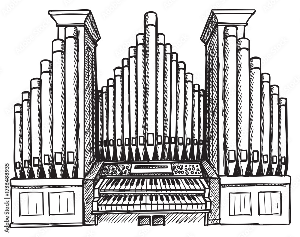 Obraz premium Intricate pipe organ sketch with keyboards and pipes in detailed black and white drawing – retro hand drawn illustration