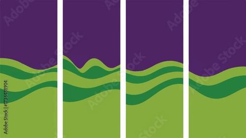 Vector art of abstract landscape art featuring purple sky and rolling green hills design