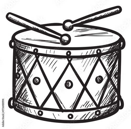 Hand-drawn snare drum with drumsticks in black and white sketch – retro hand drawn illustration
