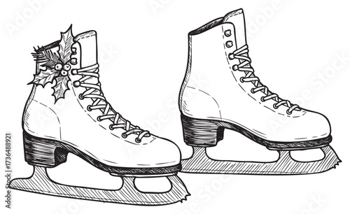 Vintage ice skates with holly decoration illustration in black and white – retro hand drawn illustration