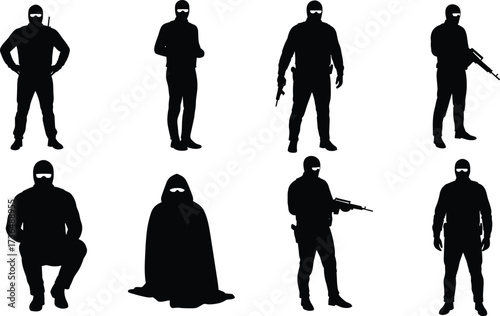 PrintSilhouettes of masked soldiers with guns, armed men in tactical positions, military defense illustration, security combat figures, vector graphic design