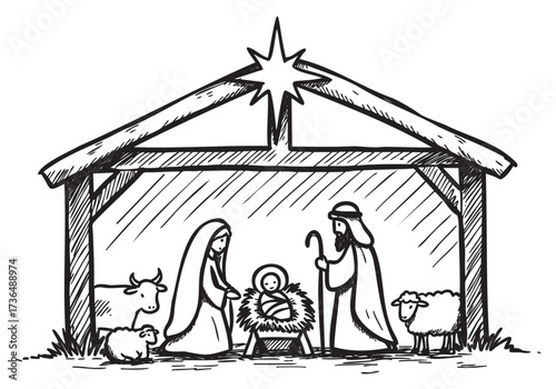 Black and white nativity scene drawing with mary, joseph, and baby jesus in manger – retro hand drawn illustration