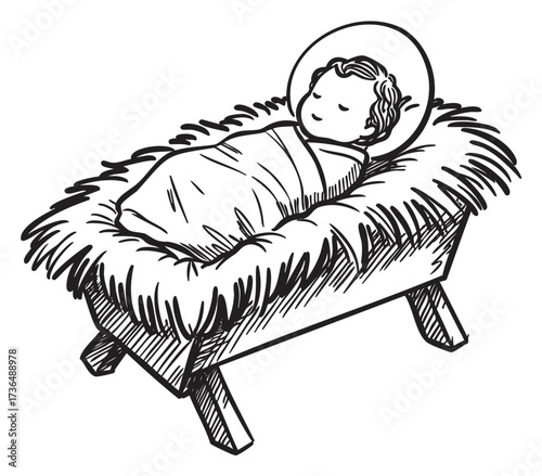 Sketch of baby in manger: traditional nativity scene depiction – retro hand drawn illustration