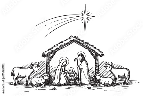 Nativity scene sketch with mary, joseph, baby jesus, and animals under star – retro hand drawn illustration