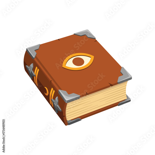 Ancient Magic Spell Book with Mystical Eye Symbol and Ornate Metal Corners for Halloween Wizardry and Fantasy Art