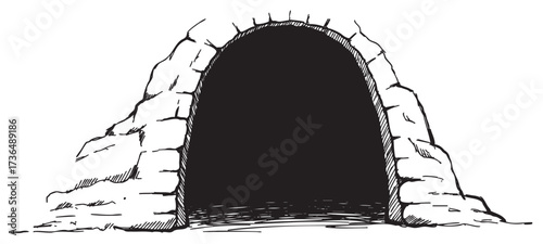 Hand-drawn stone cave entrance in black and white – retro hand drawn illustration