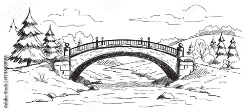 Ink drawing of a stone bridge over a stream in a scenic forest landscape – retro hand drawn illustration