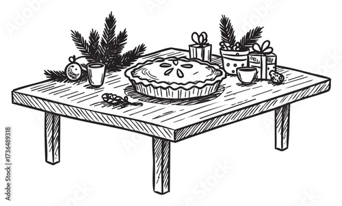 Festive holiday table with pie, gifts, and evergreen decorations – retro hand drawn illustration