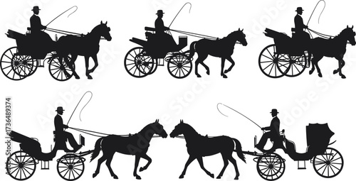 PrintVintage horse carriage silhouettes, traditional transport with driver, black and white vector illustration, classic transportation, retro style, historical vehicle, old