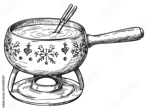 Hand-drawn festive fondue pot with snowflake design and dipping forks – retro hand drawn illustration