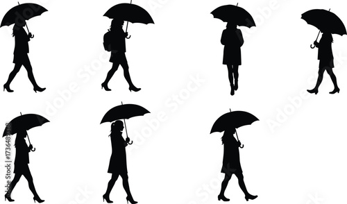 PrintWoman silhouette with umbrella, rainy day vector, walking female figure, black shadow design, fashion clipart, rain protection art, stylish lady design, fashion clipart, rain protection art