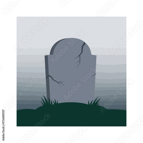 Cracked Gravestone in a Spooky Misty Graveyard on Halloween Night, Ominous Old Cemetery Tombstone