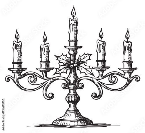 Vintage candelabra with holly and five burning candles - elegant hand-drawn illustration – retro hand drawn illustration
