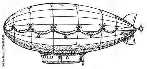 Hand-drawn blimp with festive decorations and star tail – retro hand drawn illustration