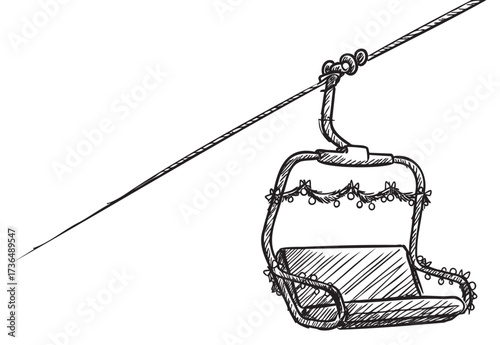Sketch of an empty ski lift chair suspended on cable with hand-drawn details – retro hand drawn illustration