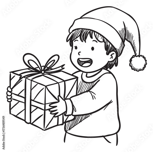 Asian child opening gift in santa hat line art drawing – retro hand drawn illustration