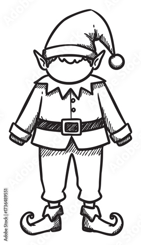 Whimsical black and white elf illustration in festive attire – retro hand drawn illustration
