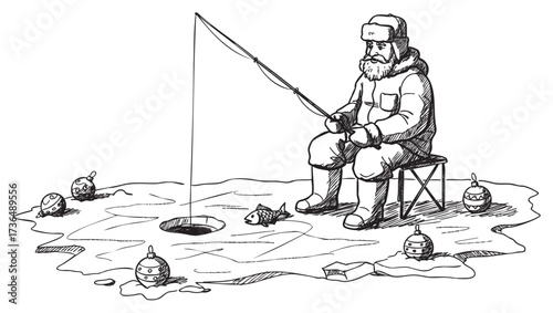 Elderly caucasian male ice fishing in winter gear with fishing rod and ice augers – retro hand drawn illustration