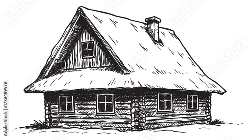 Rustic thatched roof cottage with wooden log walls in sketch style – retro hand drawn illustration