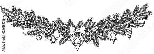 Festive christmas garland with pinecones and ornaments in black and white illustration – retro hand drawn illustration