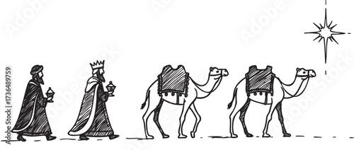 Three wise men following star with camels in biblical journey sketch – retro hand drawn illustration