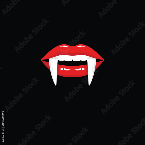 Gothic red vampire lips with piercing white fangs, perfect for a spooky Halloween design and creepy aesthetics.