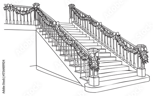 Festive staircase decorated with holiday garland and bows – retro hand drawn illustration
