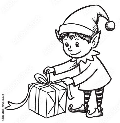 Festive holiday elf unwrapping a gift box – retro hand drawn illustration