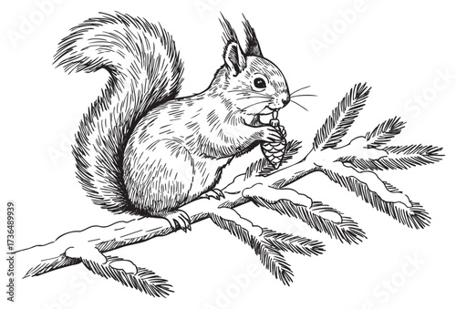 Hand-drawn squirrel eating pine cone on tree branch in black and white illustration – retro hand drawn illustration