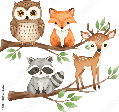 Adorable woodland creatures owl fox deer and raccoon friends together on branches