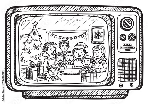 Vintage tv showing family christmas celebration with children and presents – retro hand drawn illustration