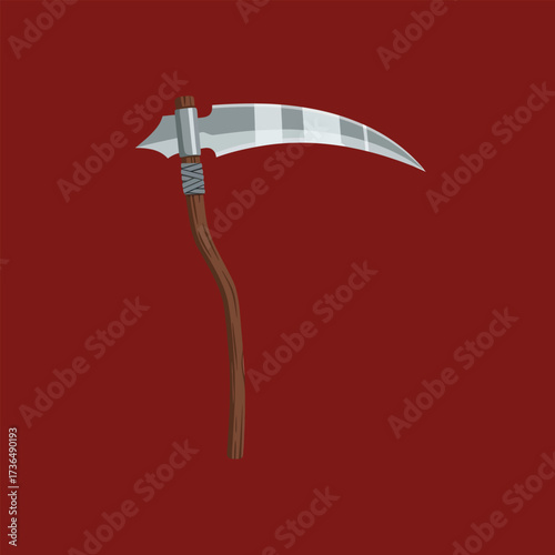 Cartoon Scythe Vector Graphic Art Featuring Grim Reaper's Weapon with Rustic Wooden Handle for Spooky Halloween Designs